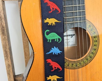 Guitar Strap EMBROIDERED custom made Bass/Electric/Acoustic Dinosaur strap for Kids, Graduation, musician, Dad, friend, band, teacher gift