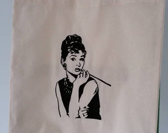 Embroidered Audrey Hepburn Tote Bag: 8oz Cotton Canvas Shopper