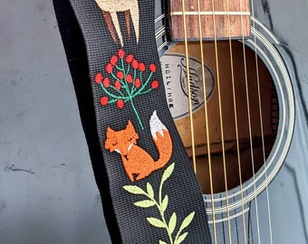 Guitar Strap, Woodland Fox Deer EMBROIDERED custom made Bass/Electric/Acoustic gift for Graduation, musician, Dad, friend, band, teacher