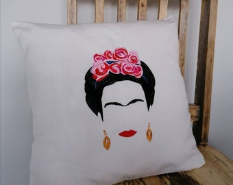 Frida Kahlo cushion cover (no insert)  handmade gift for women, embroidered to order, Canvas Style Organic Cotton pillow throw 40x40cm