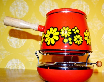 Fondue Set Lions email 70s in vintage pot country house Enamel shabby decoration rustic kitchen pot Deco nostalgia 60s