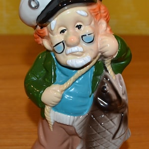 Vintage ceramic money box figure fisherman 70s Seventies Mid Century Retro Shabby Chic country style