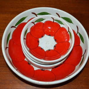 Vintage ceramic bowl set 70s ceramic retro mid century bowl apple red