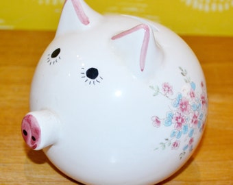 Vintage money box / piggy bank white / colorful porcelain decoration 60s 70s mid century retro space age