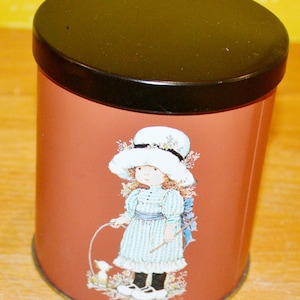 Scatola di latta vintage Sarah Kay marrone/oro anni '70 retrò metà secolo shabby chic stile country