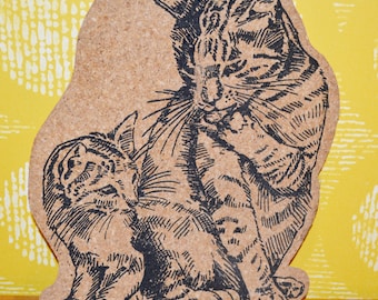 Tablero de corcho vintage con diseño de gato y gatito, años 70, marrón/negro, estilo retro de mediados de siglo, shabby chic, campestre.