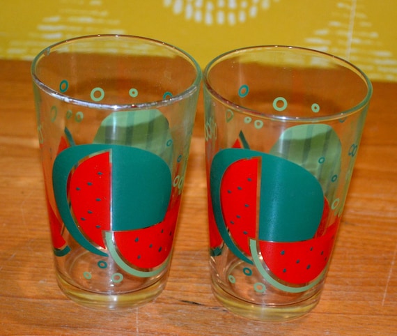 Vintage 2x Juice Glass Set 1970s. Colorful Retro Mid Century Space Age  Seventies Shabby Chic Country Style