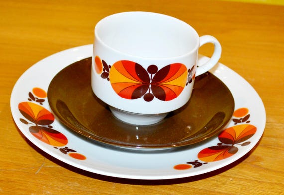 Vintage Geschirr Set 3 teilig von Mitterteich Weiß/Orange Pottery 70er Jahre Retro Mid Century Seventies WGP WGK