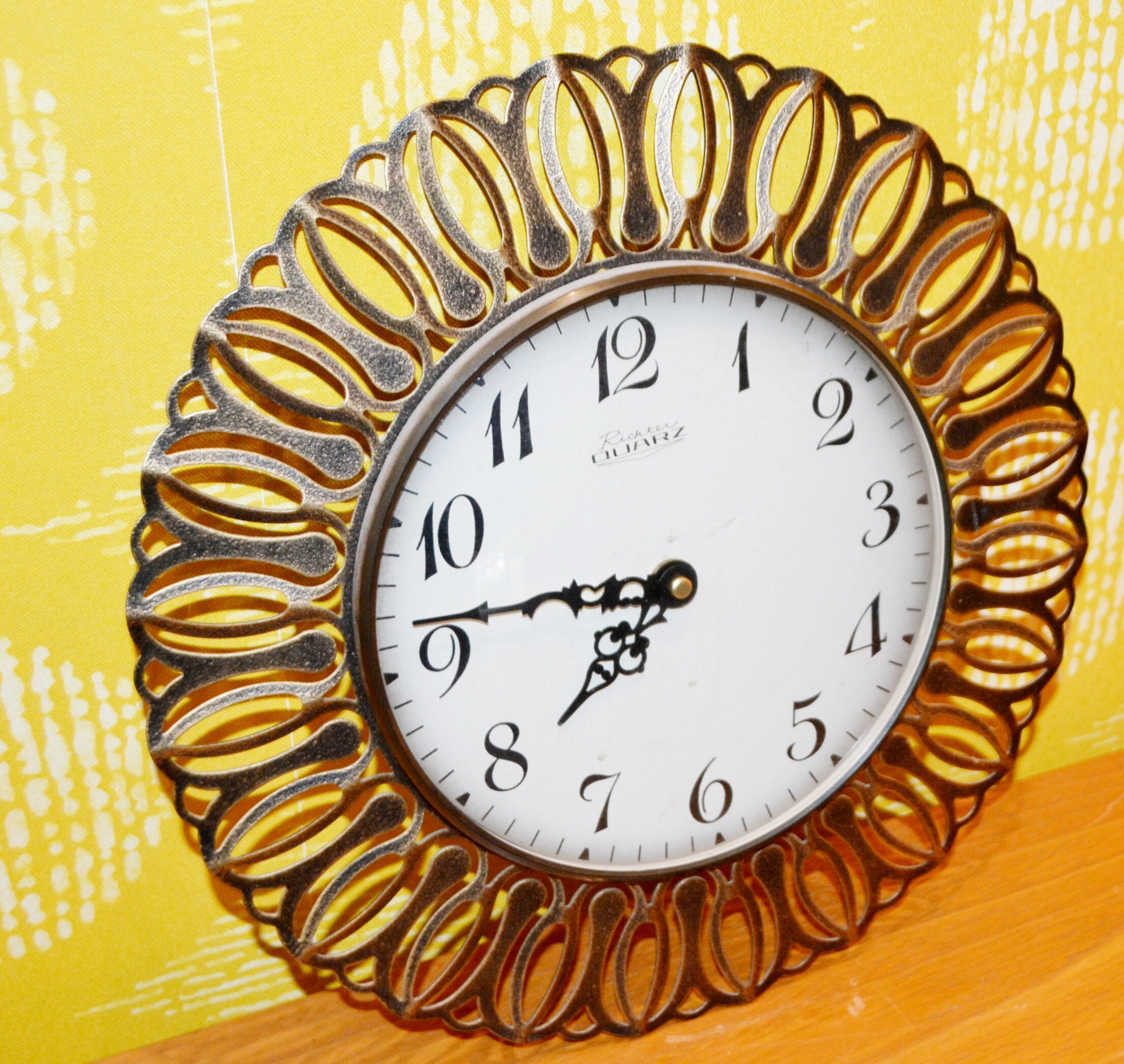 50s Wood＆Brass clock Vintage Wall Clock by Richter 50s Retro Brass Seventies Space Age