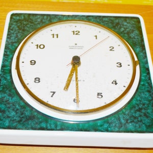 Vintage ceramic wall clock by Junghans green/white retro mid century shabby chic country style clock