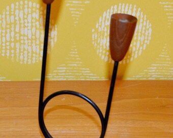 Vintage Teak Wood/Metal Candlestick, Black/Brown, 1960s Retro Mid Century Country Style, Shabby Chic, Danish Design