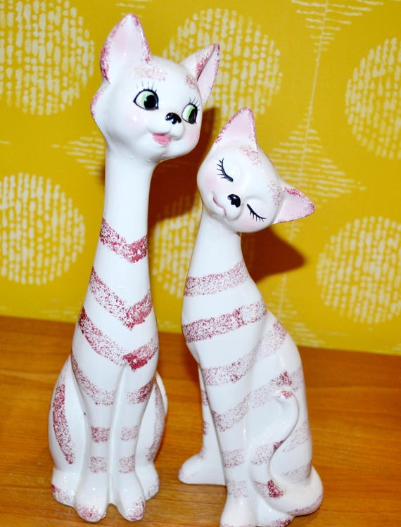 ヴィンテージ猫の置物セット、セラミック製、ピンク/ホワイト、1970