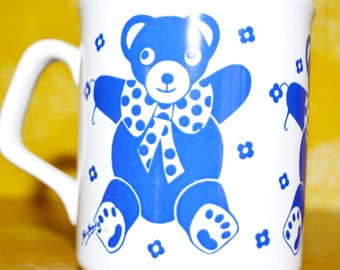 Very Beautiful Big 70s Vintage Mug White / Blue Teddy Retro Mid Century WGK Shabby Chic Country Style