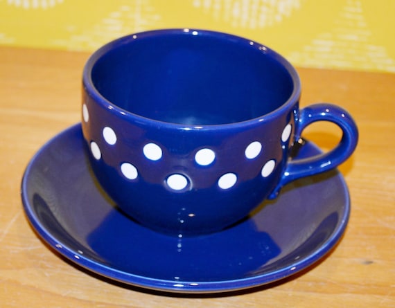 Vintage Geschirr Set Keramik Blau/Weiß XL Jumbo Tasse plus Unterteller 70er Seventies Retro Mid Century