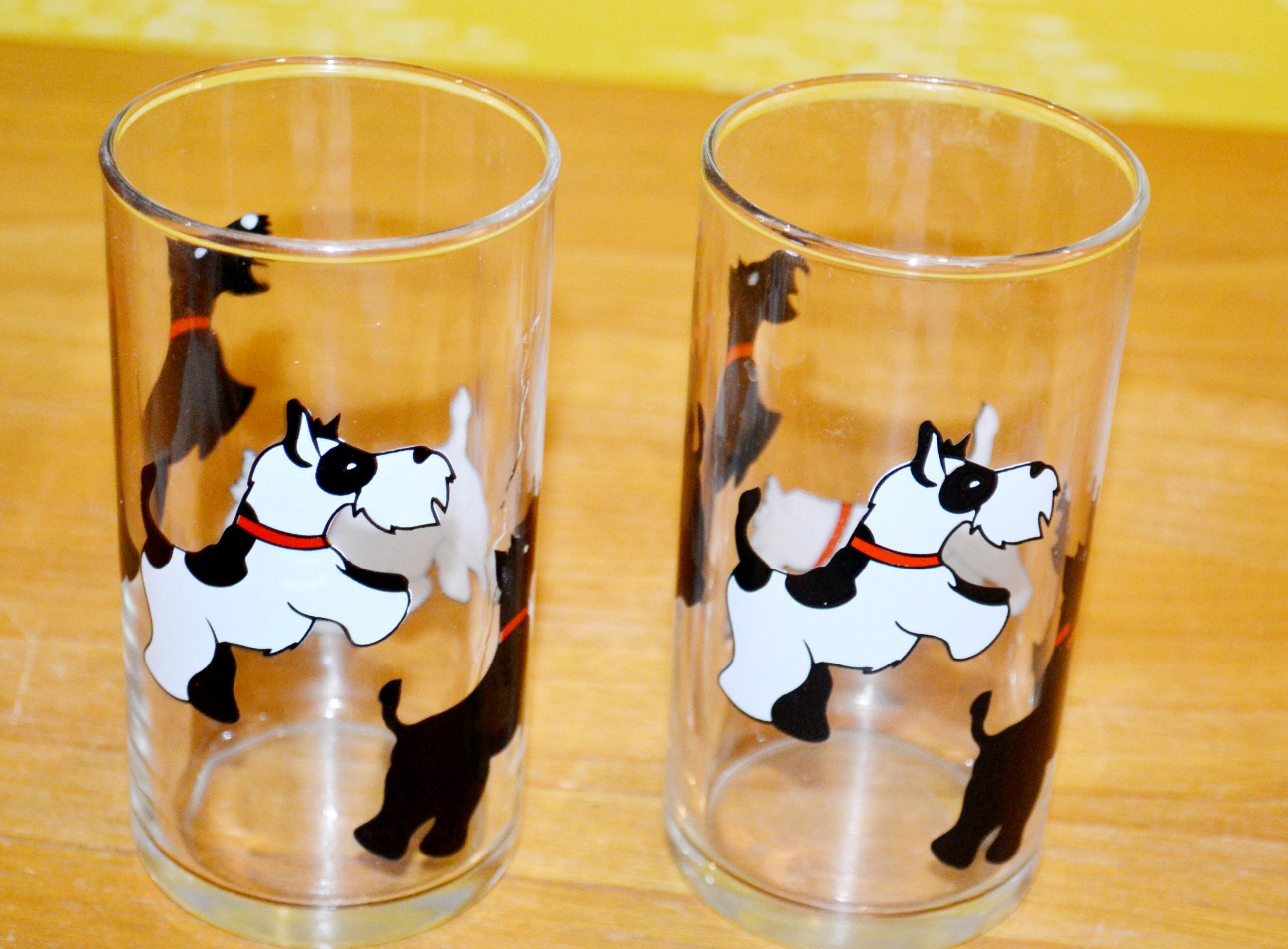 Vintage 2x juice glasses set dogs terrier 70s retro design mid century vintage glass country style shabby chic