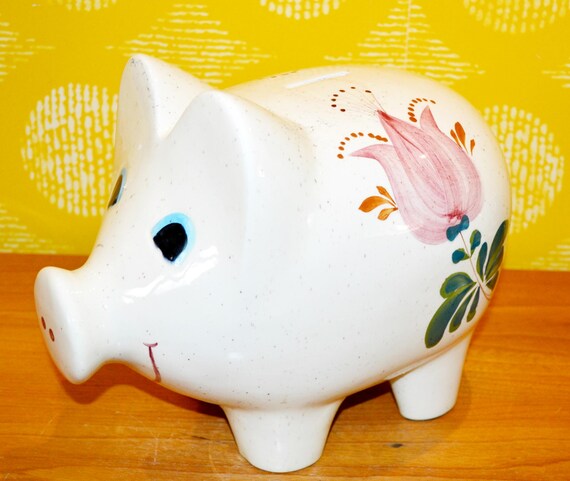 Vintage XXL Spardose /Sparschwein Sparkasse Weiß/Bunt Porzellan Money Piggy bank Deko 70er Jahre Mid Century Retro Landhausstil