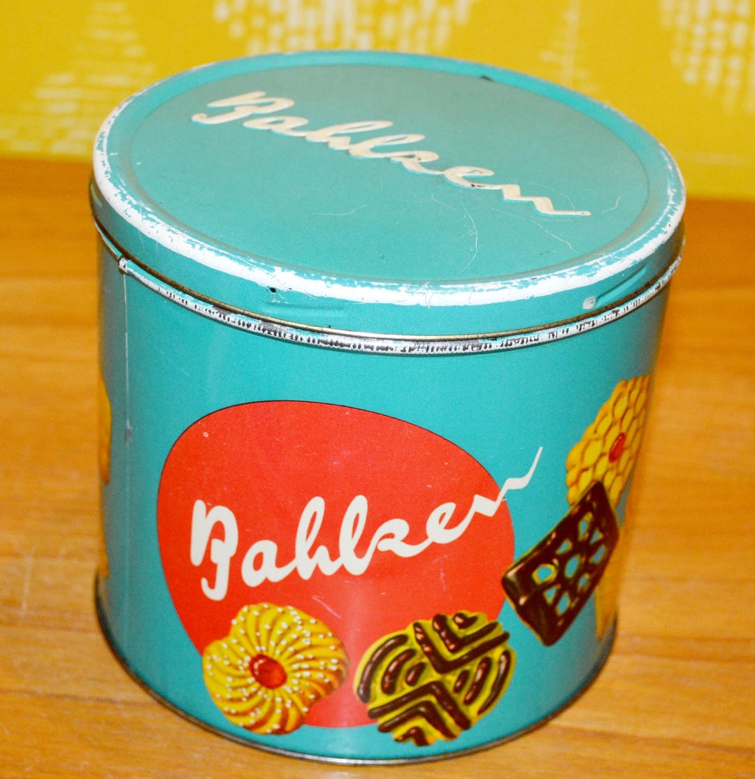 Vintage Keks Blech Dose von Bahlsen Blau/Bunt 50er Jahre Retro Space Age Design Mid Century Shabby Chic Landhausstil