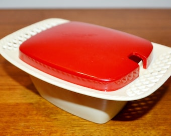 Vintage Konfitüre Dose   Rot/Weiß  Kunststoff    70er Jahre   Retro   Mid Century Seventies Shabby Chic Landhausstil