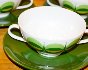 Beautiful vintage dessert or soup cups Seltmann Weiden green/yellow decor peacock eye 70s porcelain retro mid century space age pop art