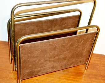 Vintage magazine rack suede/metal 70s retro mid century brass shabby chic country house style