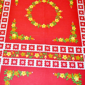 Vintage large tablecloth 160x128 square 100% cotton 70s red/white dining table retro mid century shabby chic country style tablecloth