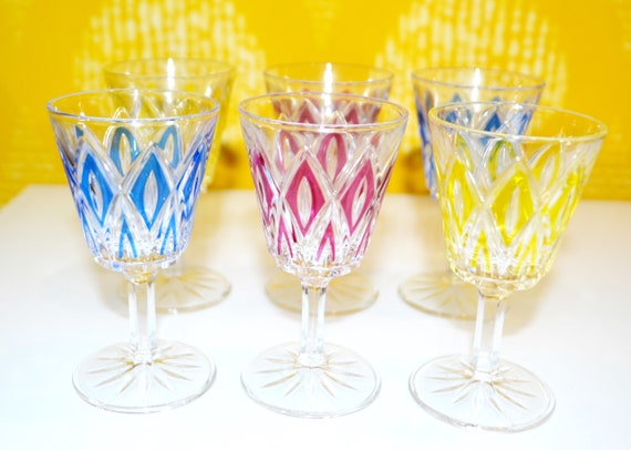 Vintage 6 Likör Gläser Set Bunt VMC Reims Harlekin 50er Jahre Retro Design Mid Century Vintage Glas Landhausstil Shabby Chic
