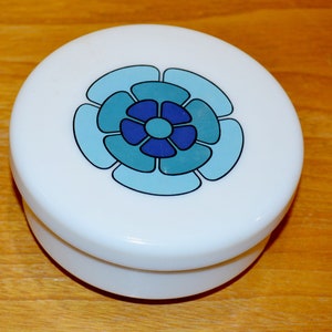 Vintage lidded jar made of Jena glass white/blue retro design 70s space age design mid century shabby chic country house style