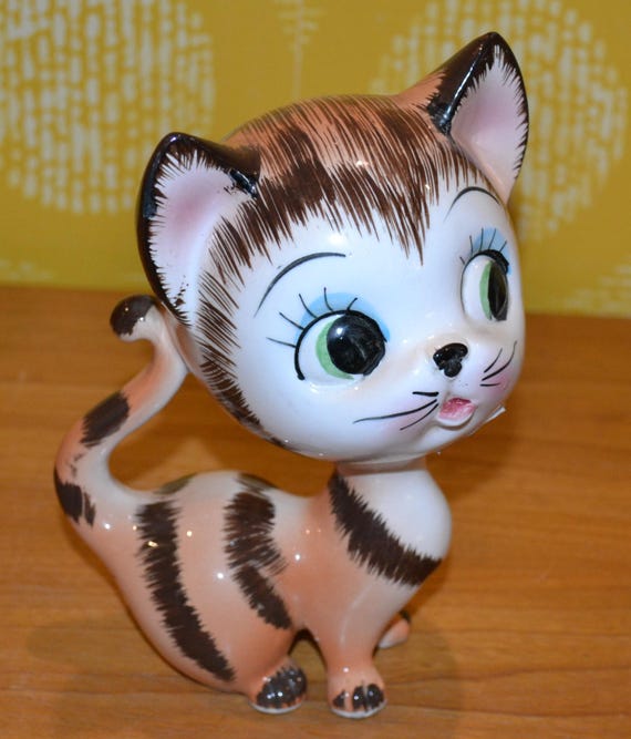 Large Vintage Ceramic Cat Figurine Brown/white 70s Retro Mid