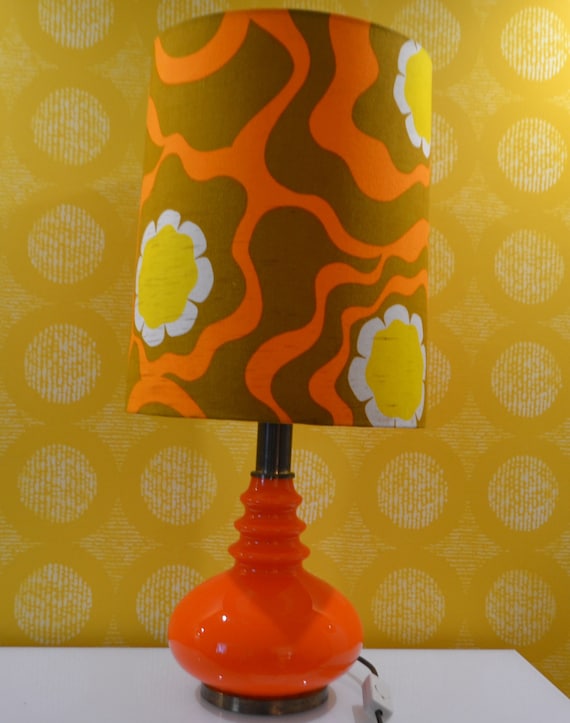 Vintage Table Lamp Orange With Colorful Textile Lampshade