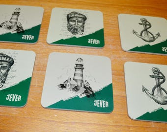 Posavasos vintage de cerveza Jever Pils, estilo años 90, moderno de mediados de siglo, retro, años setenta, shabby chic, estilo campestre.