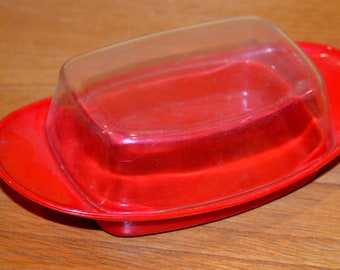 Beautiful small vintage butter dish plastic red 70s retro mid century seventies shabby chic country style