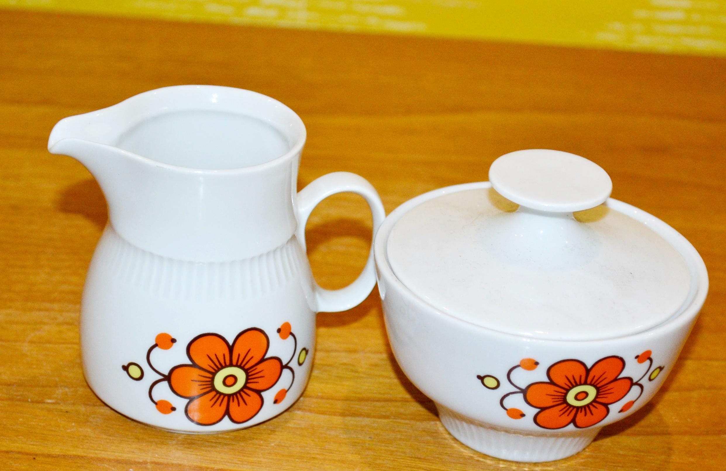 Vintage Milk & Sugar Set by Golditz White / Orange Pottery 70s