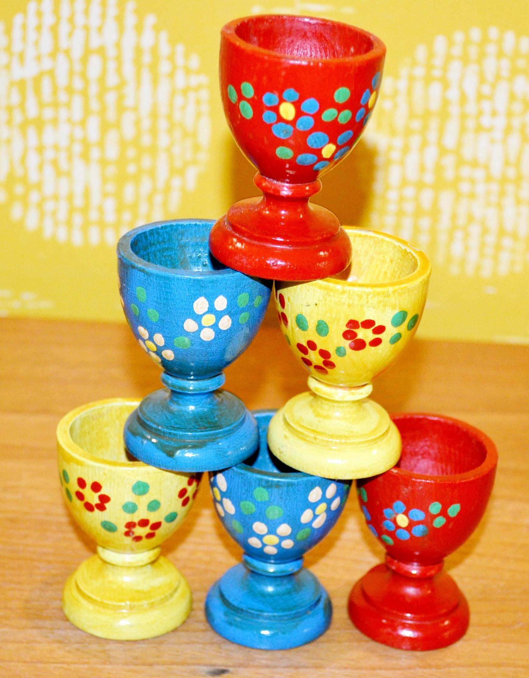 6x Schöne Vintage Holz Eierbecher Bunt aus den 70er Jahren Retro Mid Century Shabby Chic Landhausstil Wood Egg Cups