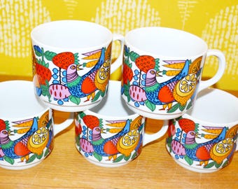 美しいヴィンテージセラミックマグカップ、白/マルチカラー、80年代