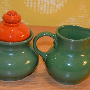 Vintage milk and sugar set green/orange 70s retro mid century seventies shabby chic country style