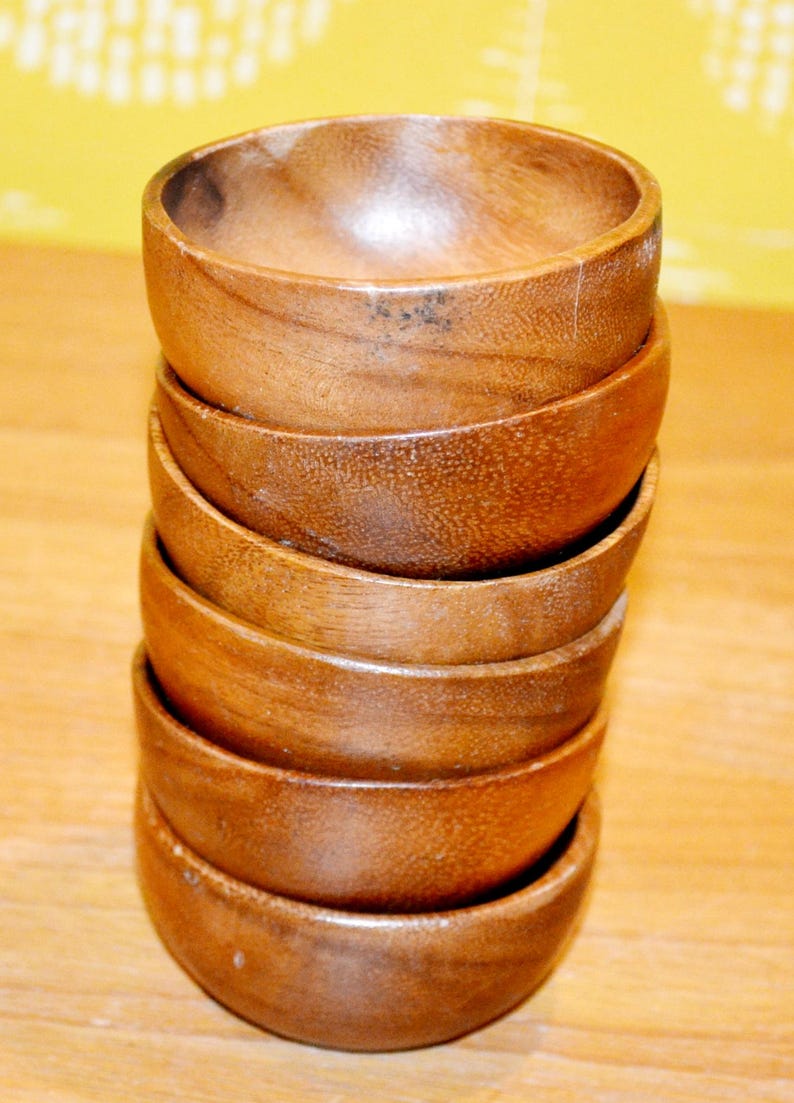 Vintage Serving Bowls / Dip Bowls Made of Teak Wood 70s Ceramic Brown