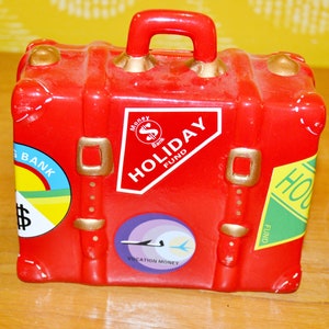 Vintage ceramic money box suitcase red 70s Seventies Piggy bank Mid Century Retro Shabby Chic country style