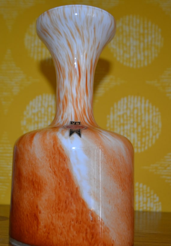 ヴィンテージ オパリンガラス花瓶 60年代 70年代 オレンジ/ホワイト