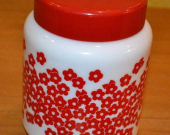 Beautiful vintage tin Jena glass 70s red/white flowers WITHOUT lid Retro Mid Century Shabby Chic country style Seventies