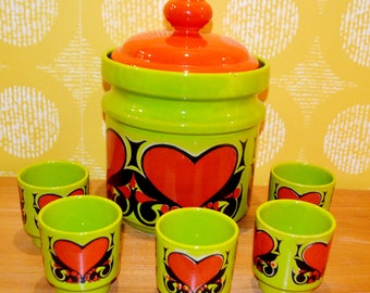 Wächtersbach Ceramic Bowle Tableware Green /Red Hearts Retro Mid Century Shabby Chic Landhausstil West Germany Waechtersbach