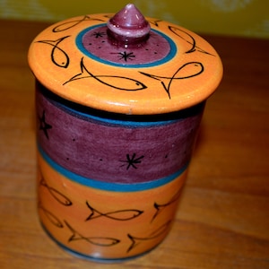Vintage ceramic lid can orange/purple 70s Seventies retro design mid century shabby chic country style