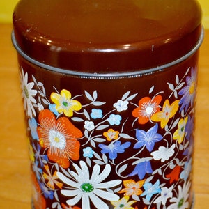 Large Vintage Tin Can Brown/Colorful 70s Retro Mid Century Shabby Chic Country Style