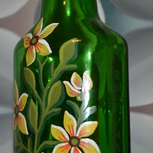 Vintage bottle glass green 70s hand-painted decoration flowers Flower Power bottle green glass vase