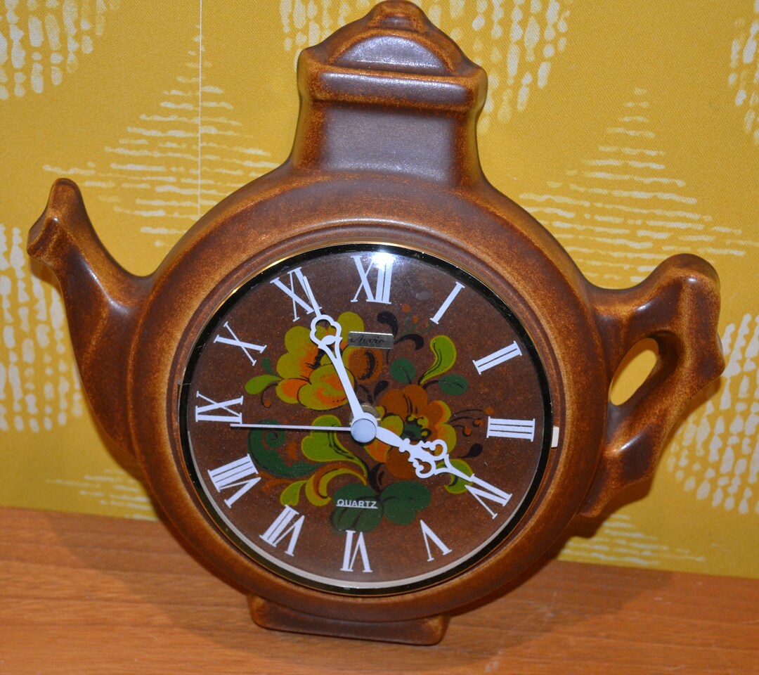 Vintage Ceramic Wall Kitchen Clock Brown/green Coffee Pot Wall Etsy