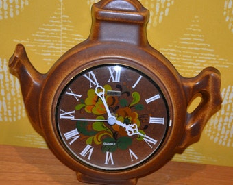 Vintage Ceramic Wall Kitchen Clock Brown / Green Coffee Pot Wall Clock 70s Seventies Watch Retro Mid Century