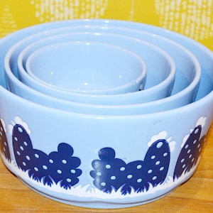 Wächtersbach Vintage 4 bowls/ bowl set 70s light blue/blue chickens retro mid century retro shabby chic country style bowl set