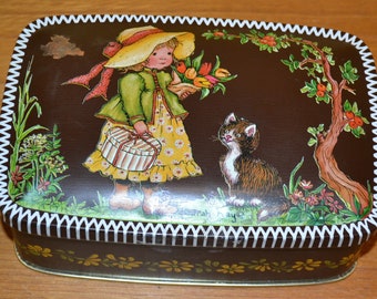 Beautiful rare Sarah Kay vintage tin box, colorful flowers, Seventies 70s retro space age design, shabby chic country style