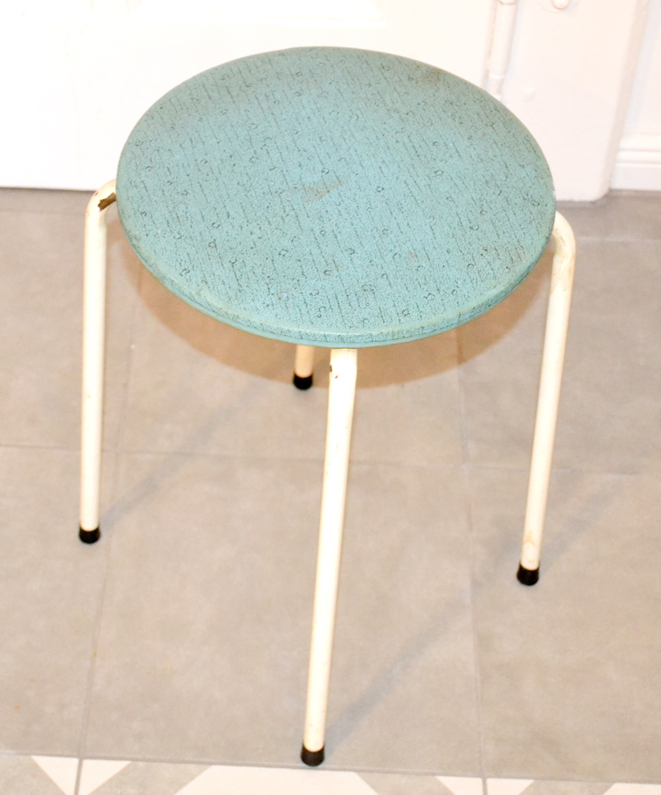 Vintage Stool, White/light Blue, 1960s Retro Mid-century