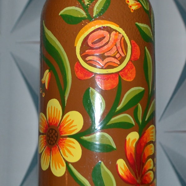 Vintage bottle 70s hand painted bottle flowers flowers vase decoration retro painting