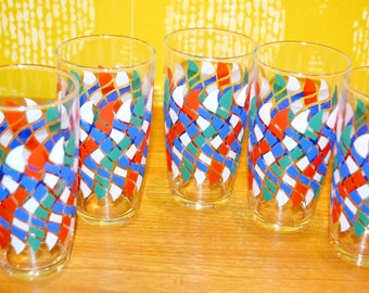Vintage 5 Saftgläser Set Gläser  70er Jahre bunt   Retro  Design Mid Century  Vintage Glas    Landhausstil  Shabby Chic